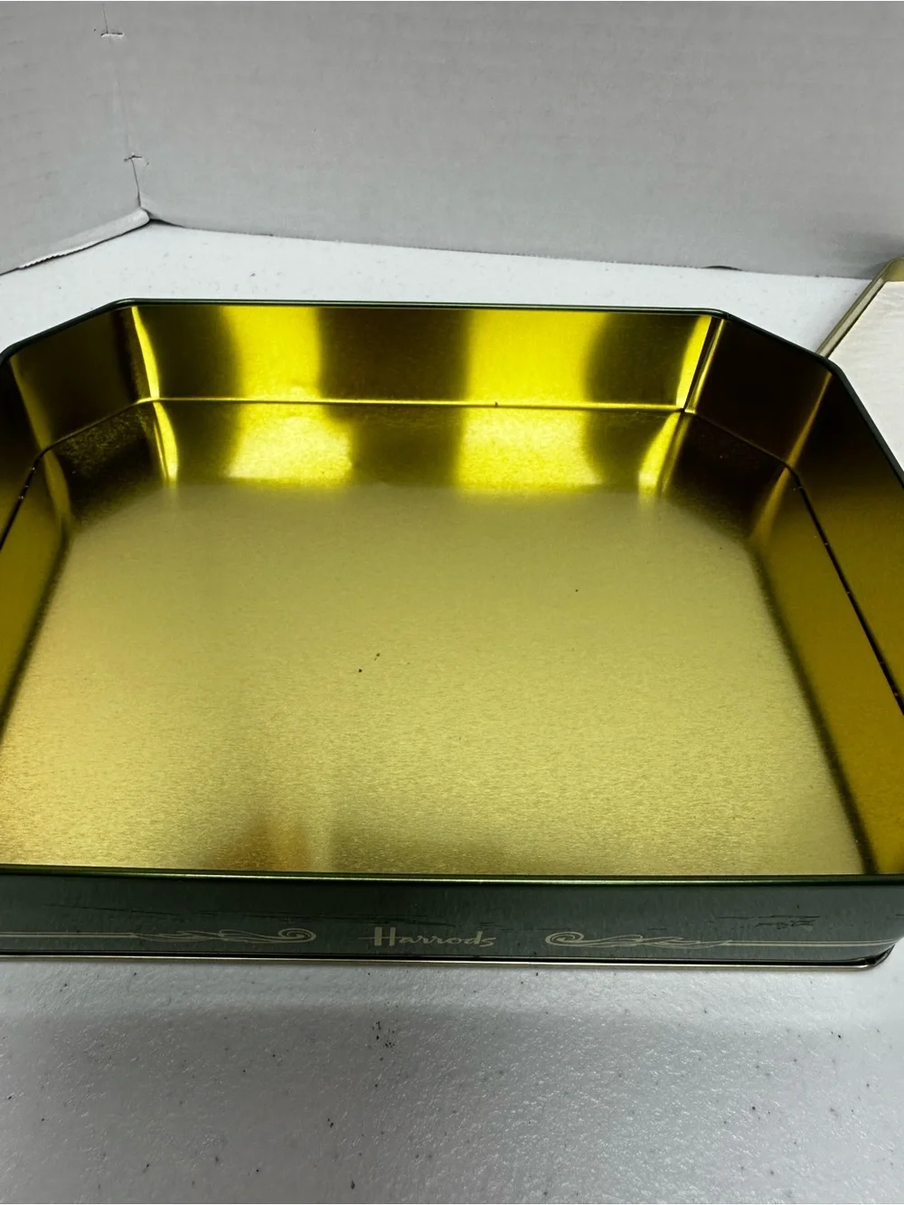Harrods London Biscuit Assortment Tin Empty Green Gold Decorative Storage Box